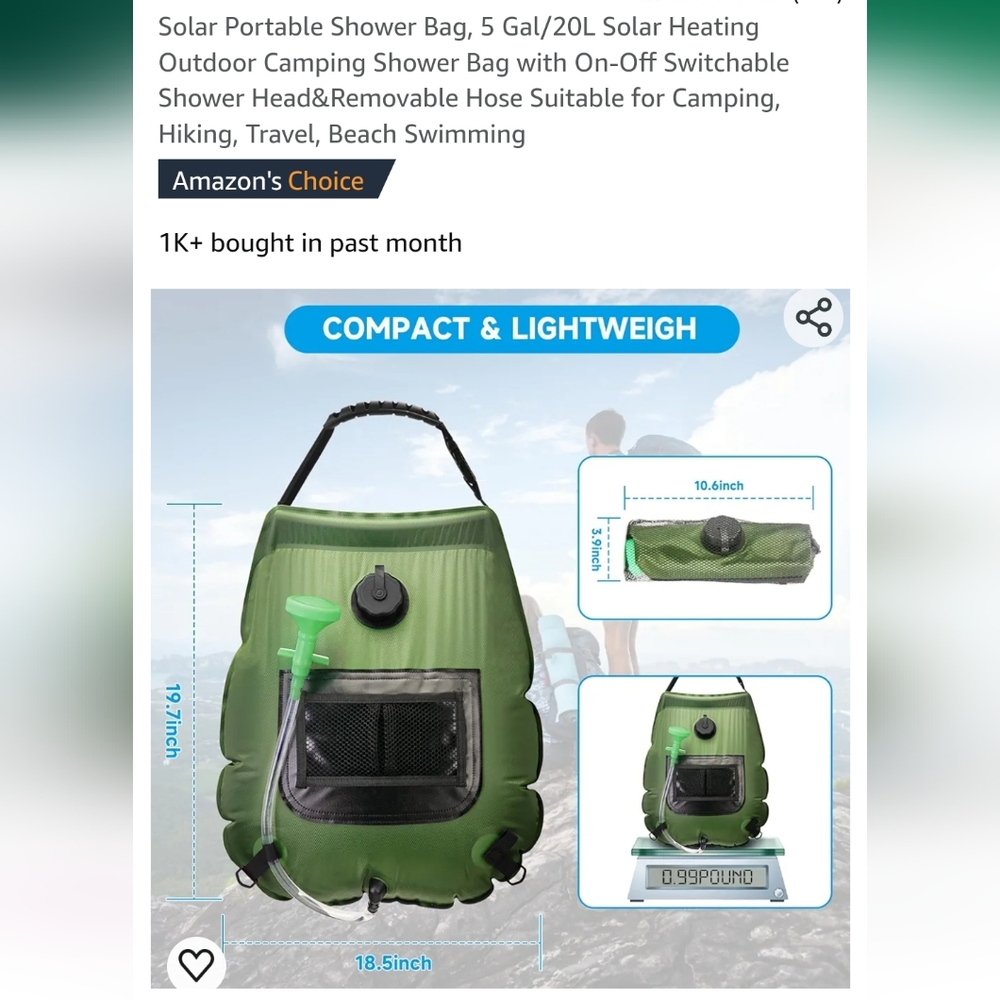 Solar Lortable shower bag 5gal solar heating outdoors  for Camping Hiking  beach